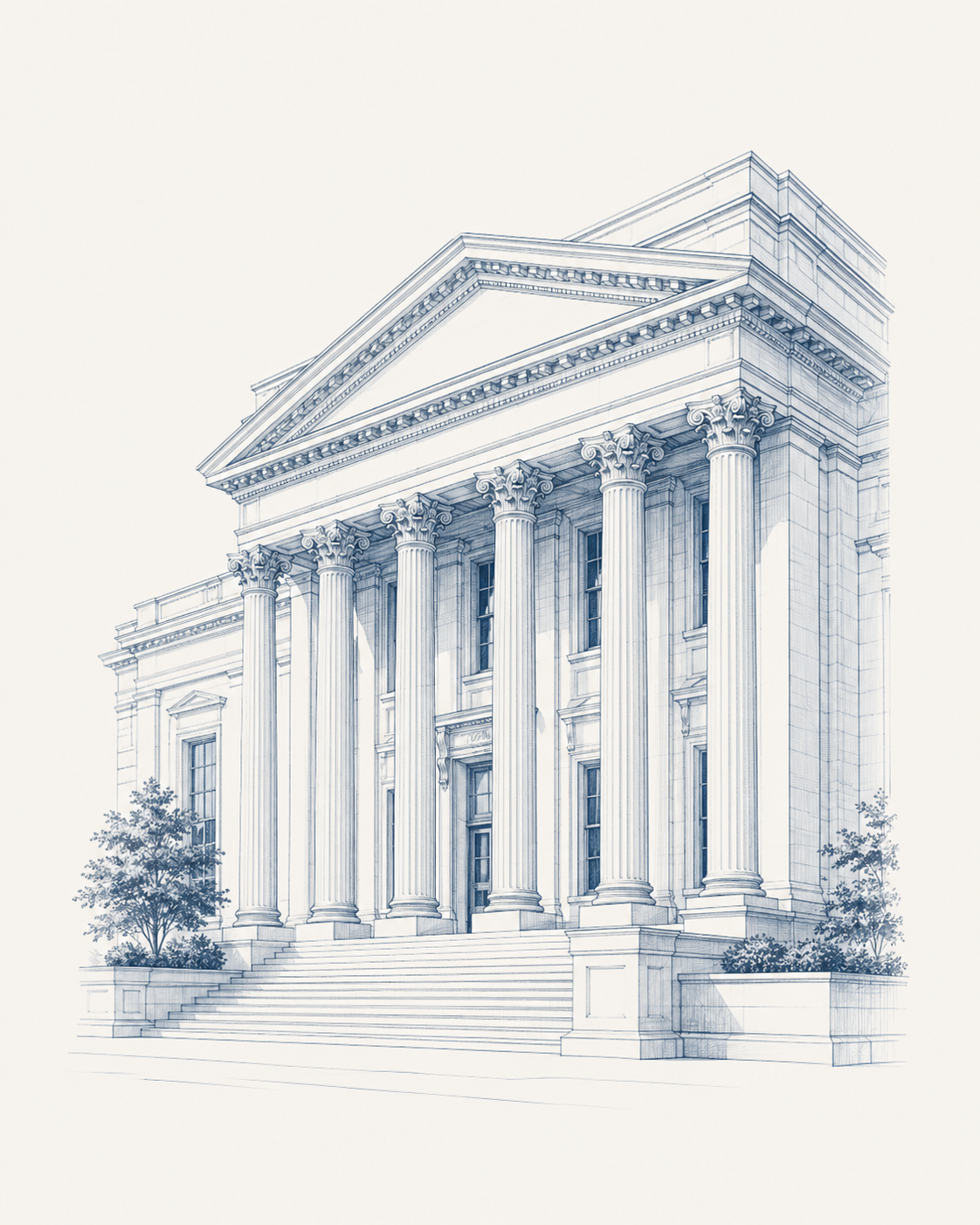 Blue-grey architectural line illustration of a classical institutional building